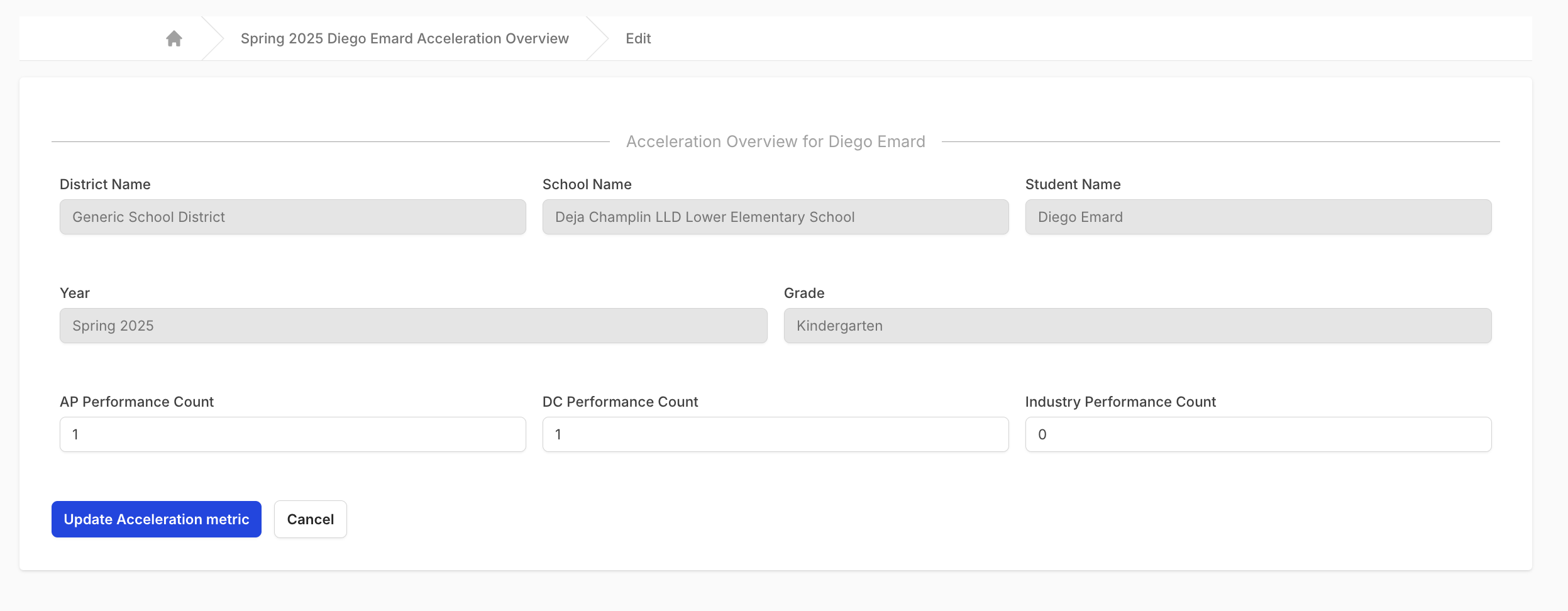 Acceleration metric edit form