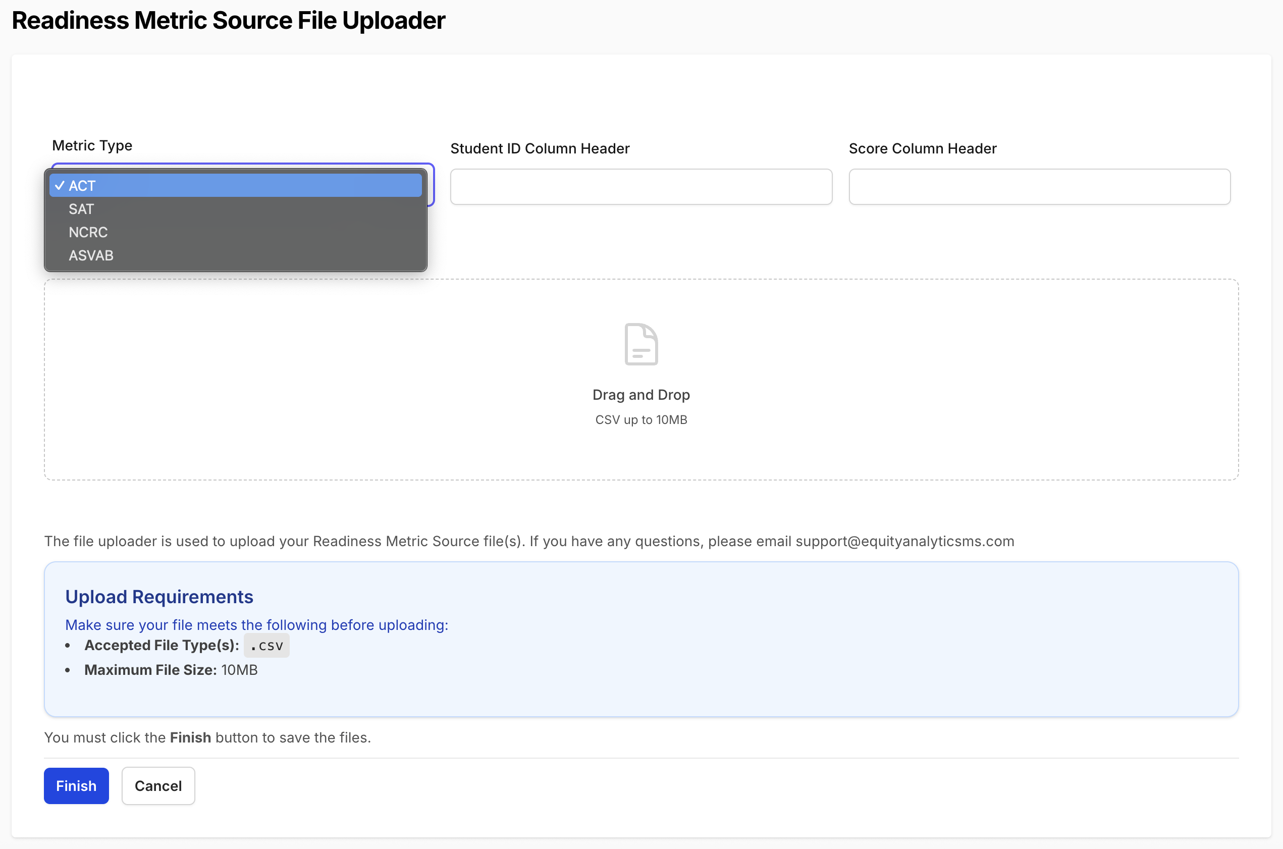 Readiness Metric Source upload screen